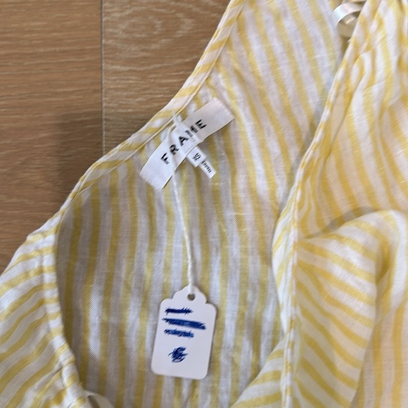 Frame Denim Linen One Shoulder Long Puff Sleeve Yellow Striped Blouse Top XS - Picture 8 of 11